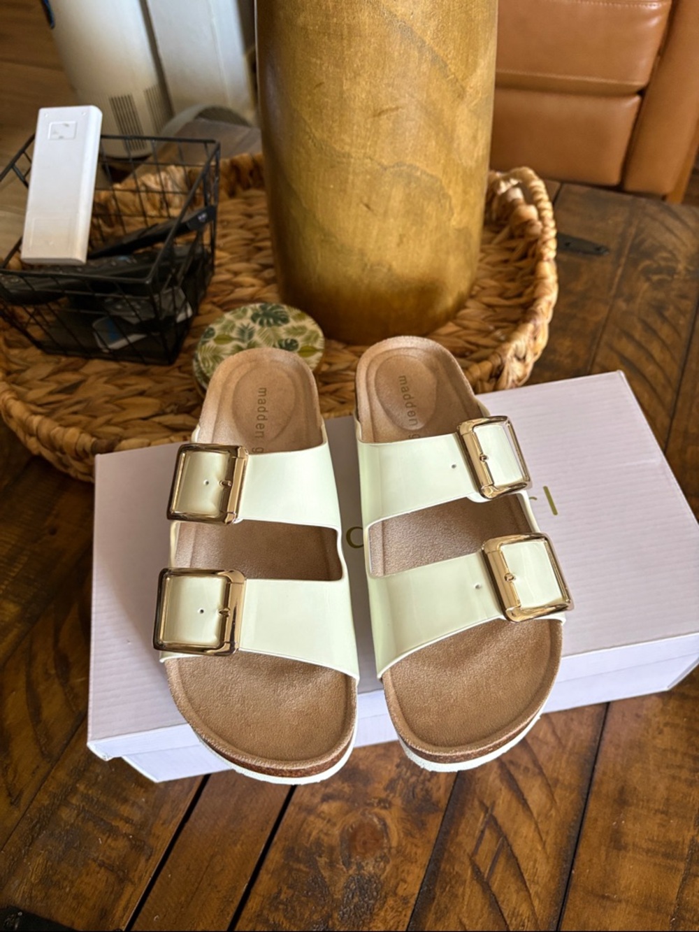 Madden Girl Cream Double-Buckle Slide Sandals with Gold Buckles